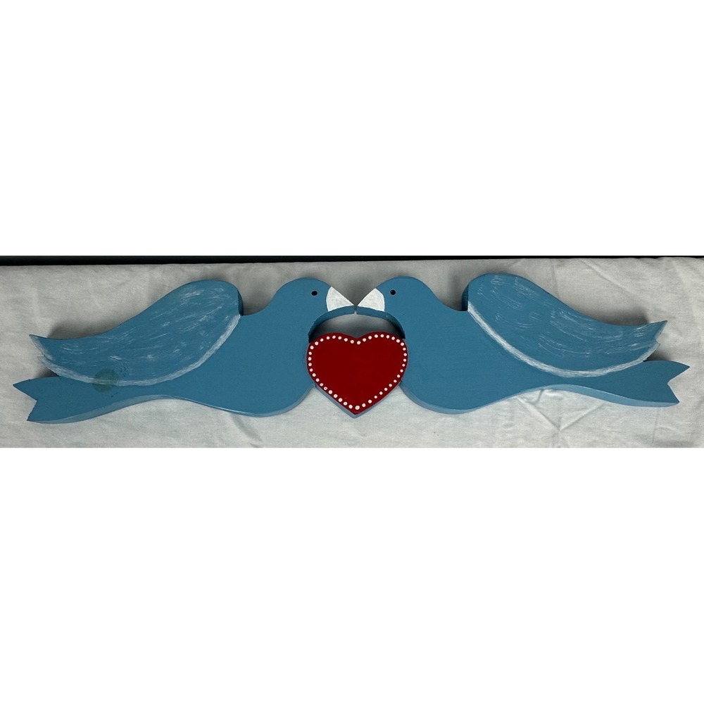 Wooden Love Birds Wall Hanging Blue Red Heart Hand Painted Folk Art 22"